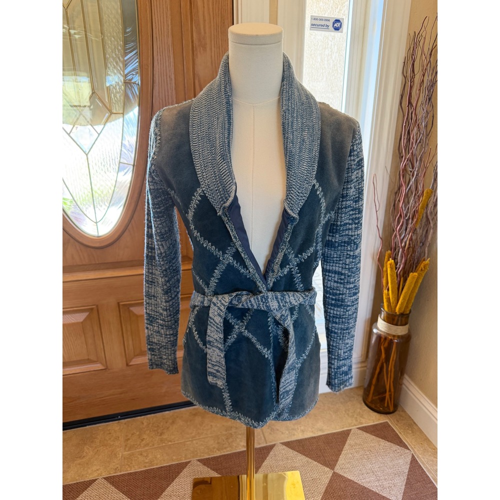 Vintage Kmart Suede'n Knit Jacket Blue Leather Mixed Media Cardigan Belted Med